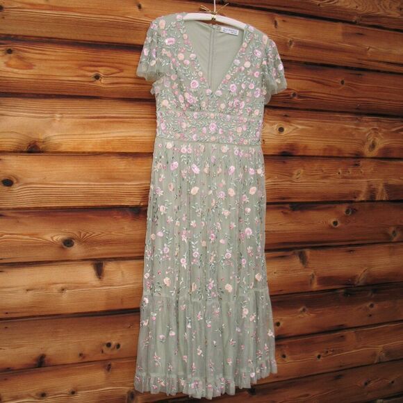 Mac Duggal 35104 Green Multicolor Embroidered V Neck Cap Sleeve Midi Dress - Picture 6 of 14